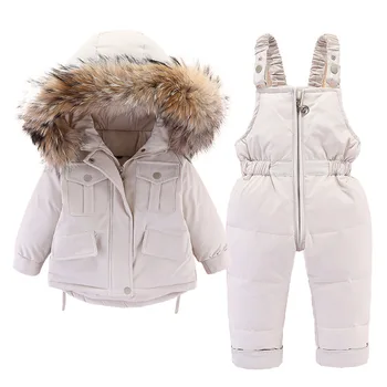 Kız Bebek Kış Kalın Giyim Setleri Yeni Trendy Çocuklar Kürk Sıcak Aşağı Parkas Ceketler Ve Askı Pantolon Kıyafet Moda Erkek Setleri