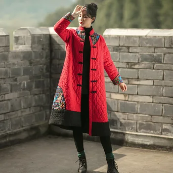 Kış yeni Çin ulusal stil kadın giyim pamuk kenevir Vintage Ceket kontrast ekleme hırka Trençkot uzun sıcak Giyim