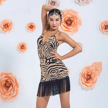Latin Dans Üstleri Kadın 2022 Zebra Şerit V Yaka Mayoları Yetişkin Rumba Uygulama Giyim Balo Salonu Yarışması Kostüm