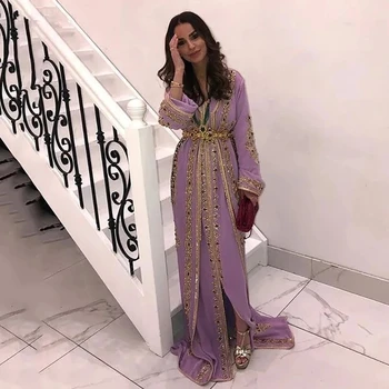 Leylak Fas Kaftan Kaftan Müslüman Abiye A-line Uzun Kollu Şifon Aplikler Dubai Arapça Türkiye Abaya İslam Elbise