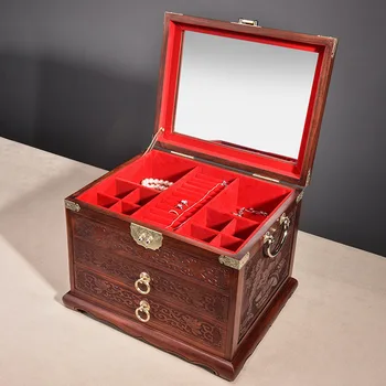 Lüks Vintage Çok Katmanlı Takı Saklama kutusu Organizatör Vaka Kırmızı Sandal Ahşap Büyük Masaüstü Saklama Kutusu Takı Çekmece Hediye