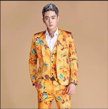 M-3xl Yeni Erkekler Baskı Takım Elbise Altın Sarı Çin Ejderha Ince Takım Elbise Gece Kulübü Şarkıcısı Performans Kostüm Kuaför Giyim