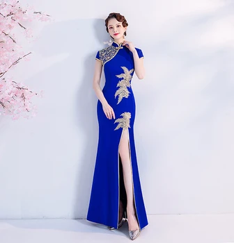 Mandarin Yaka Cheongsam Seksi Yan Bölünmüş Çinli Kadın Elbiseler Kısa Kollu Qipao Vintage Düğme Vestidos Retro Resmi Elbise