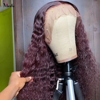 Meetu Kıvırcık insan saçı Peruk Bordo 13x4 HD Şeffaf Dantel ön peruk Kadınlar ıçin Malezya Remy Kinky Kıvırcık Peruk Ön Koparıp