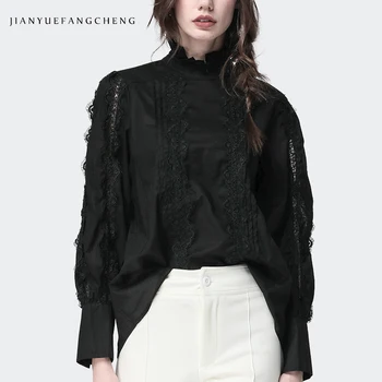 Moda Dantel Eklenmiş Kadın Siyah Bluz Uzun Kollu Standı Yaka pamuklu bluz Gevşek Artı Boyutu 4XL Zarif Rahat Ofis Bluzlar