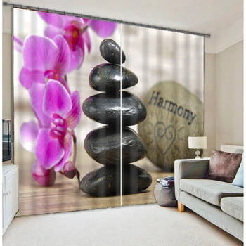 Modern stil Karartma Perdeleri Oturma Odası ıçin Mor çiçek Siyah Taşlar Desen Yıkanabilir Kumaş Kısa Perde 3D Baskılı
