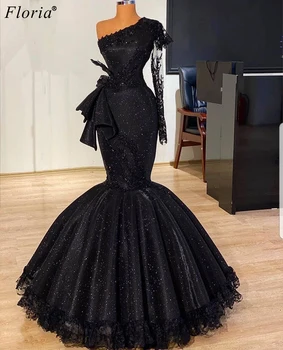 Müslüman Bir Omuz Siyah Abiye 2020 Uzun Örgün Dantel Robe De Soiree Arapça Couture Uzun Kollu Pageant Törenlerinde Vestido