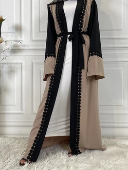Müslüman Moda Dantel Işlemeli Elbise Rahat Hırka İslam Uzun Elbise Abaya Kimono Avrupa Giyim Pakistanlı Elbise Kaftan