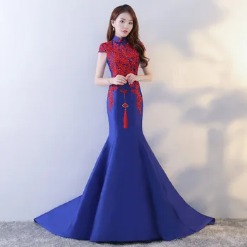Nakış Qipao Abiye Uzun Cheongsam'lar Geleneksel Çin Gelinlik Kadınlar Güzel Cheongsam Mavi Moda Gösterisi