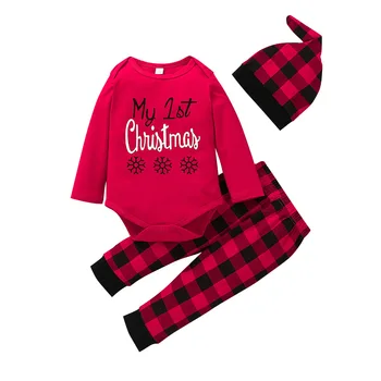 Noel Erkek Bebek Kız Giyim Seti Uzun Kollu Ekose Baskılı 3 Parça Sonbahar Bahar Yenidoğan Toddler Kıyafetler Giysileri