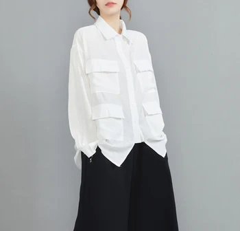 Oladivi Büyük Cep Bluzlar Kadınlar ıçin Uzun Kollu Boy Casual Gevşek Siyah Beyaz Gömlek 2022 Bahar Sonbahar Yeni Üst Blusa 6232