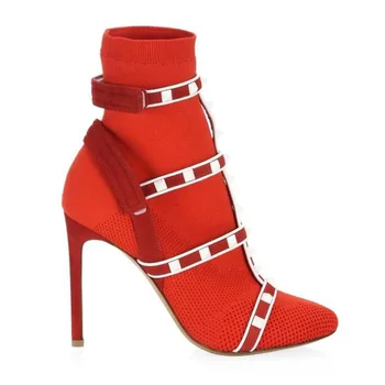 OLOMLB Kadınlar Sivri Burun Perçin Çivili Yarım Çizmeler Örgü Kemer Toka Stilettos Yüksek Topuk Ayakkabı Deri Siyah Beyaz Kırmızı Yeni 2022