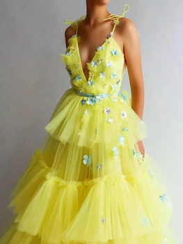 Parlak Sarı A Line Sapanlar Gelinlik Modelleri Uzun Katlı Etek Tül V Boyun Çiçekler Akşam Elbise Kadın Yaz vestidos Özel