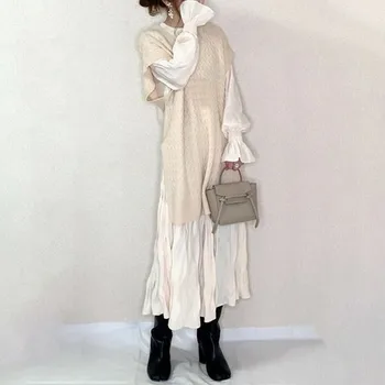 Pilili Ayak Bileği-Uzunluk Uzun Kollu A-Line kadın Elbise Japon Kore Tarzı Pilili Düz Renk Moda Sonbahar Bayanlar Giyim