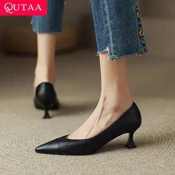 QUTAA 2022 Ilkbahar Yaz Sivri Burun Sığ Kadın Pompaları Hakiki Deri Moda Ince Yüksek Topuk Moda kadın ayakkabısı Boyutu 34-40