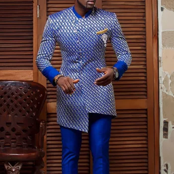 Renk Blok Asimetrik Yeni Bahar erkek Gömlek Patchwork Ince Standı Yaka Artı Boyutu 4xl Afrika Erkek Giyim Mavi Chic Rahat Üst