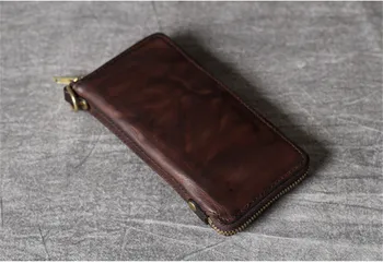 Retro unisex hakiki deri uzun cüzdan ılk katman ınek derisi el çantası erkekler ve kadınlar cep telefonu çantası çok fonksiyonlu çanta