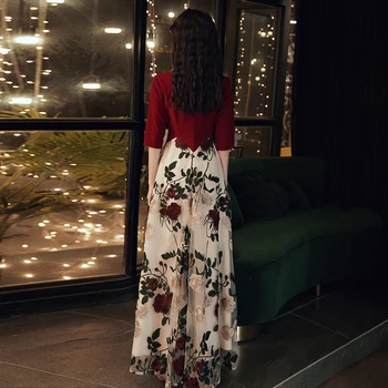 Romantik Dantel V Yaka Yarım Kollu A Hattı Kadınlar Akşam Elbise Moda Nakış Çiçek PrintedZipper Geri Örgün Parti Elbise