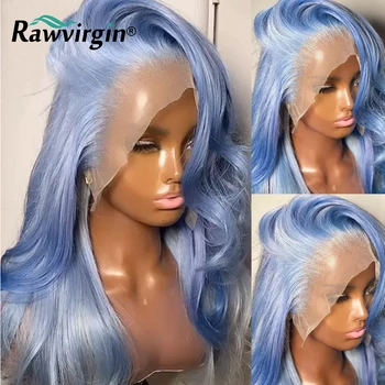 Rüya Mavi Gevşek Derin Dalga İnsan Saç Peruk Kadınlar Için Açık Mavi HD Şeffaf Dantel Peruk Vücut Dalga Dantel ön peruk Brezilyalı Saç