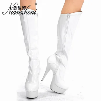 Seksi Fermuar Patent deri 15 cm Yüksek topuklu Yuvarlak ayak Fetiş 6 inç Kalın platformu Gece Kulübü Kutup dans Uyluk yüksek Çizmeler Yeni