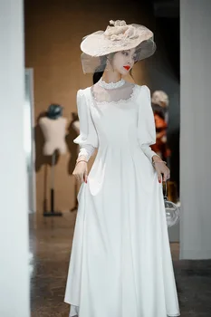 Seksi Kare Yaka Qipao Kılıf Inci Puf Kollu Örgün Parti Elbise Kıyafeti Uzun Beyaz Dantel Cheongsam Kıvrımlar Romantik Vestidos