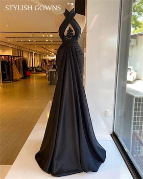 Seksi Siyah Halter Mermaid Akşam Elbise Boncuklu Pleats Elbiseler Kadınlar Için 2021 Parti Vestidos De Noche