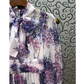 SEQINYY Şifon Midi Elbise Yaz Bahar Yeni Moda Tasarım Kadın Pist Yüksek Sokak Mor Wisteria Çiçek Baskı A-Line Zarif