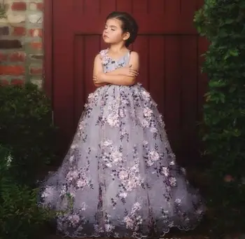 Sevimli Kız Pageant Elbise Düğün İçin Balo V Yaka Tül Aplikler Uzun Çiçek Kız Elbise Küçük Kızlar İçin