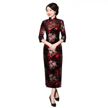 Shanghai Hikayesi Ucuz Kadife Cheongsam Çin Elbise Nakış Qipao Uzun Kadınlar İçin