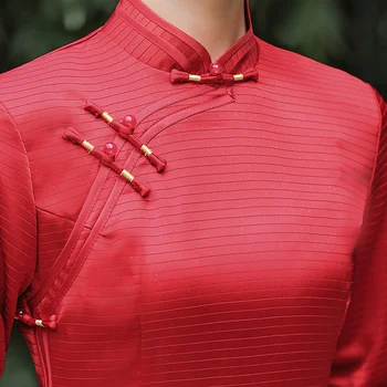 Sheng Coco Lady Kırmızı Şerit Uzun Kollu Qi Pao Elbiseler Cheongsam Asetik Asit Seksi Uzun Çin Gelinlik