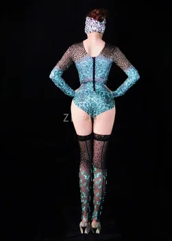 Shining Siyah Mavi Rhinestones Bodysuit Tayt kadın Dans Şarkıcı Akşam Giyim Balo Sahne Bar Doğum Günü Kutlamak Kıyafet