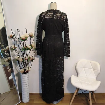 Siskakia Siyah dantel kesik dekolte Seksi uzun elbise Standı Yaka Uzun Kollu İmparatorluğu Salıncak Maxi Elbiseler Afrika kadın kıyafetleri