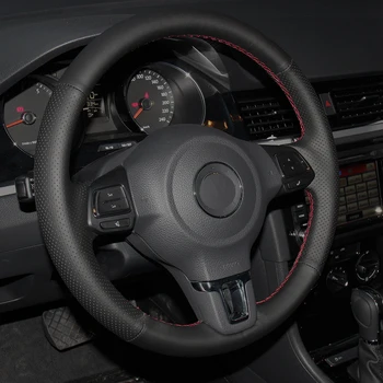 Siyah doğal deri araba direksiyon kapağı Volkswagen Golf 6 Mk6 Jetta 6 Polo 2011-için