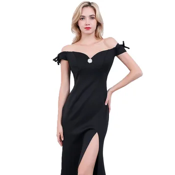 Siyah Hiçbir Omuz Seksi Cheongsam Uzun Abiye Qi Pao Kadınlar Geleneksel Çin Elbise Qipao Promosyon Bölünmüş Elbise Robe
