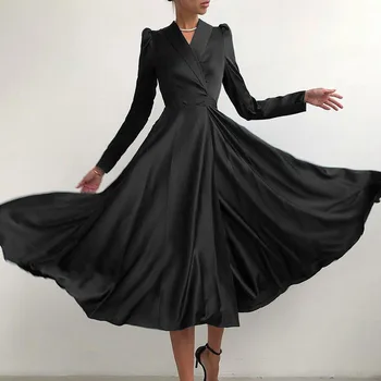 Sonbahar 2021 Yeni Moda Mizaç Avrupa Amerika kadın Elbise Düz Renk V Yaka Yüksek Bel Uzun Kollu Uzun