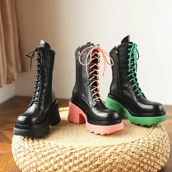 Sonbahar Kadın Deri Martin Çizmeler Ins Sıcak Şeker Renk Yüksek Topuk Ayakkabı Yeni Eğlence binici çizmeleri Moda Fermuar platform ayakkabılar