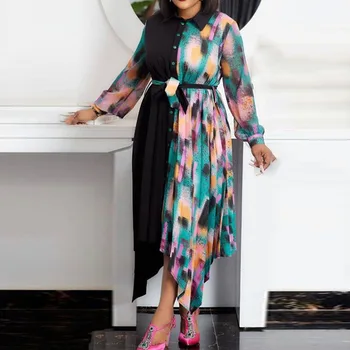 Sonbahar Yeni 2021 Kadın Elbise Renk Kontrast Ekleme Baskı Düzensiz Uzun Kollu Moda Mizaç Yüksek Bel Rahat