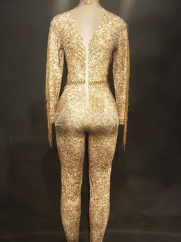 Sparkly Altın Taşlar Püskül Tulum Rhinestones Seksi Bodysuit Kadın Şarkıcı Akşam Sahne Giyim kadın Doğum Günü Kutlamak Kıyafet