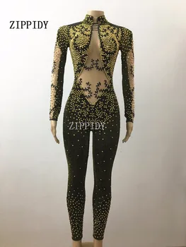 Sparkly Seksi Altın Taşlar Streç kadın Akşam Parti Giyim Siyah Rhinestones Bodysuit Kostüm Balo Doğum Günü Kutlamak Kıyafet