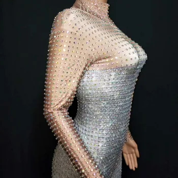 Sparkly Tulum Tam Rhinestone DS Uzun Kollu Seksi Sahne Kıyafeti Doğum Günü Partisi Kutlamak Kadın Dans Bodysuit Tayt Kıyafet