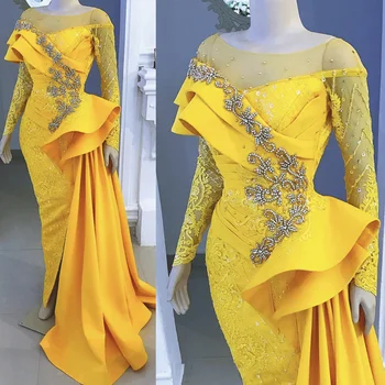 SuperKimJo Afrika Abiye Uzun Mermaid Dantel Aplike Boncuklu Lüks Sarı gece elbisesi Resmi Elbise Robe De Soiree