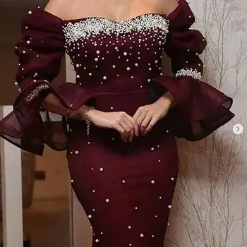 SuperKimJo Vestidos De Fiesta De Noche Bordo Boncuklu Abiye Uzun Kollu gece elbisesi Dubai Vestidos Elegantes