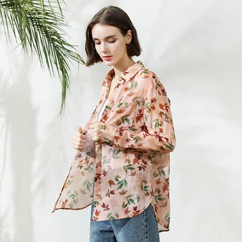 SuyaDream Kadınlar Çiçek Bluz 100 % Rami Uzun Kollu Turn Down Yaka Ofis Bluzlar 2020 İlkbahar Yaz Gömlek