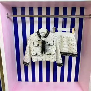 Sıcak Satış Çocuk Özelleştirmek Giyim Setleri Tatlı Tarzı Iki Parçalı Setleri Elbise Kız Ceket Etek + Yay Parti Kıyafetleri