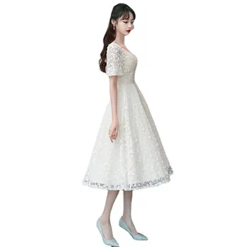 Tatlı Kadın Dantel Akşam Parti Elbise Parlama Kol Çiçek Orta Uzunlukta Elbiseler Zarif Pilili Etekler Nedime Düğün Balo elbisesi