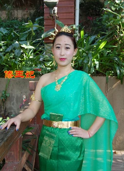 Tayland'ın geleneksel tarzı yeşil Dai kadın giyim tebrik elbise su sıçramasına Festivali Kostüm kolsuz Kıyafet