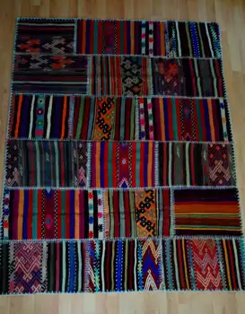 Türk El Yapımı Patchwork Kilim Halı, Anadolu el düğümlü patchwork kilim, Oryantal Handwoven patchwork kilim halı