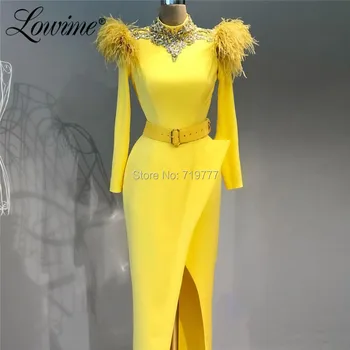 Tüy Sarı gece elbisesi Orta Doğu Kadın Parti Elbise Vintage Boncuklu Kristaller Mermaid Elbise Balo 2019 Custom Made