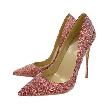 UVRCOS Bling Bling Glitter Süslenmiş Yüksek Topuk Ayakkabı Kadın 12 cm Ince Topuklu Sivri Burun Pompaları Seksi Pembe Ayakkabı