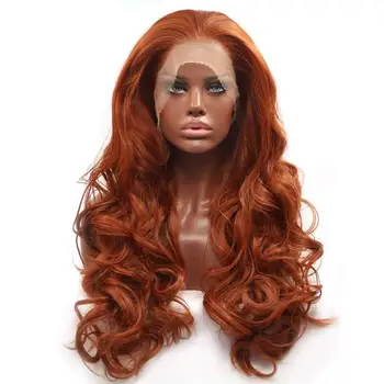 Uzun Doğal Dalgalı Sentetik dantel ön peruk Bakır kırmızı ısıya dayanıklı tutkalsız peruk Kadınlar ıçin doğal saç çizgisi makyaj peruk